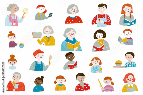 Diverse group of illustrated people with various activities and appearances