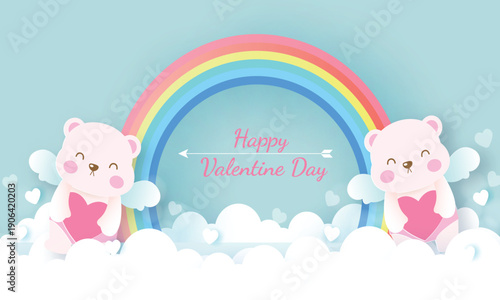 Cute couple teddy bears with rainbow and clouds Valentine's background