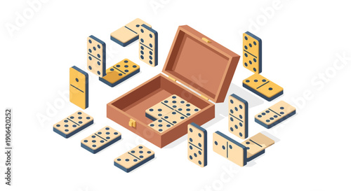 Isometric illustration of a brown domino box with scattered dominoes perfect for game design on transparent background silhouette high quality professional