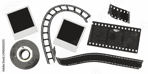 Assorted vintage film photography elements arranged on a white background