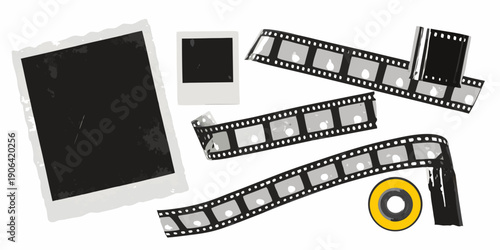 Film photography elements polaroid filmstrip and reel showcasing vintage aesthetics