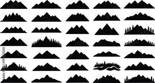 Collection of various mountain silhouettes against a white background.