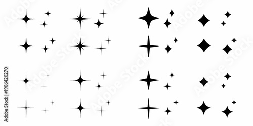 Collection of black sparkle shapes and starbursts on a white background