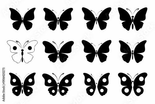 Collection of black and white butterfly silhouettes in a grid pattern