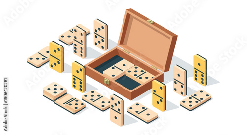 Isometric illustration of dominoes scattered around an open wooden case ideal for game design on transparent background silhouette high quality professional