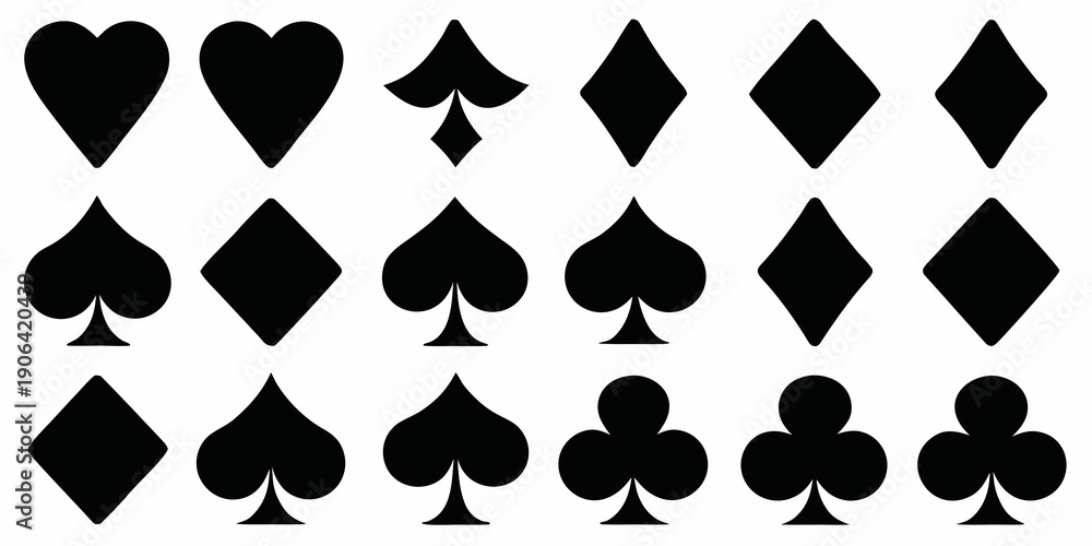 Fototapeta premium Black card suits hearts spades diamonds and clubs arranged in rows