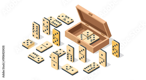 Isometric illustration of dominoes scattered around an open wooden box ideal for game design on transparent background silhouette high quality professional