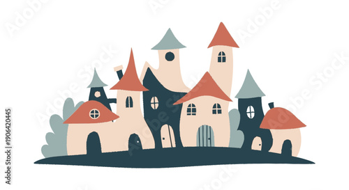 Whimsical Castle Towers and Buildings Illustration.