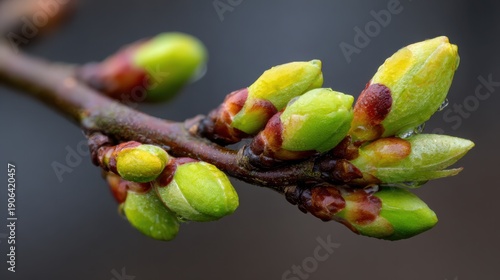 Close-up of Spring Buds on Branch with Dew Drops and Soft Lighting