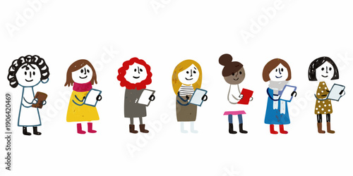 Diverse group of stylized women standing in a row each holding a book