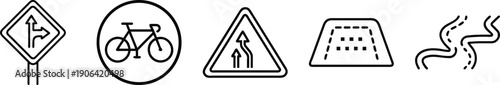 Road and traffic sign icons including turn direction, bicycle path, lane merge, road surface, and river. transparent background