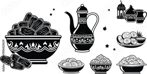 Ramadan Iftar Food Items: Dates, Oranges, and Traditional Serving Ware Illustration