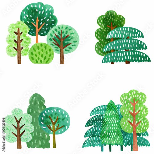 Collection of stylized colorful trees in varying shapes and sizes