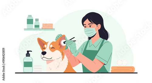 Groomer cuts dogs hair with scissors and comb.