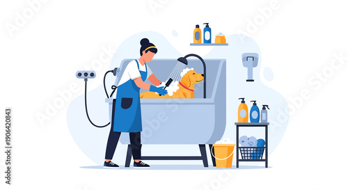 Groomer washing a golden retriever dog in a bathtub.