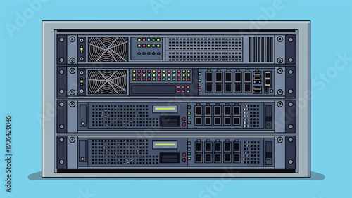 Data center server rack contains multiple hardware units with cooling fans and various blinking network connection ports for data.