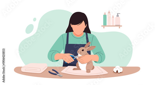 Groomer Trimming Rabbit Fur With Scissors And Clippers.