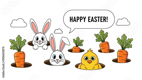 Joyful Easter scene features cute rabbits and a small chick popping out of holes in the ground surrounded by orange carrots.
