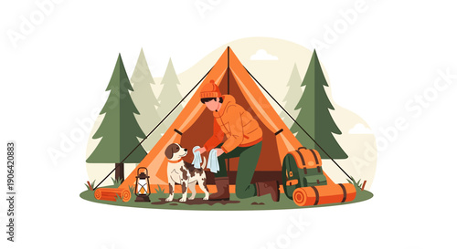 Man and dog setting up camp in a forest.