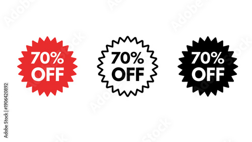 Three starburst discount labels with seventy percent off text