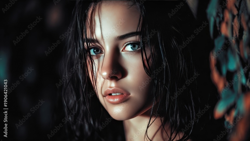 Fototapeta premium Young caucasian female with wet hair and intense gaze amid dim lighting.