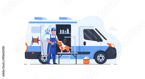 Mobile Pet Grooming Van Service with Groomer and Dog.
