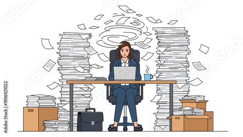 Overwhelmed business woman sits at her desk surrounded by massive stacks of paper and flying documents in a chaotic office.