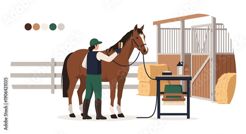 Person grooming a brown horse in a stable with grooming tools.