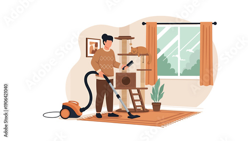 Person vacuuming carpet near cat tree in a room.