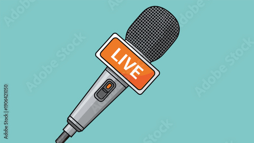 Professional silver microphone with an orange live label is positioned for a news report or podcast broadcast on a blue base.
