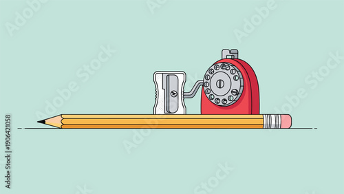 Long yellow pencil features a small sharpener and a vintage rotary phone dial on top as a creative design on a blue background.
