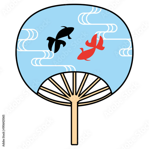 金魚と流水紋が描かれた青い和風うちわの夏イメージイラスト
