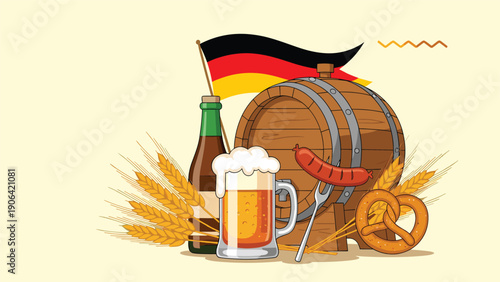 German cultural elements including a large beer mug, wooden barrel, bratwurst, pretzel, and flag celebrate Oktoberfest.