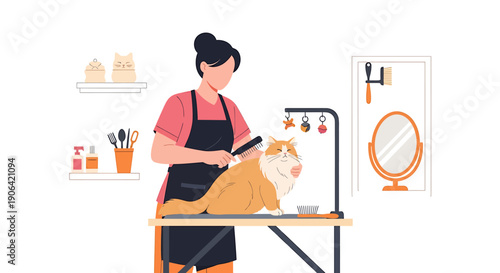 Professional groomer brushing a fluffy cat on a grooming table.