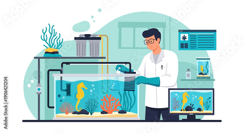 Scientist examining seahorses in aquarium laboratory setting.