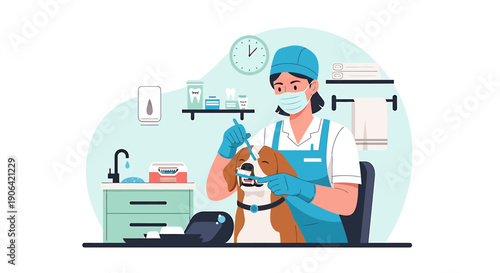 Veterinarian Administering Injection to Dog in Clinic.