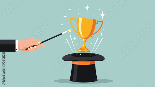 Magician wearing a black suit uses a magic wand to pull a golden trophy from a tall black top hat with an orange band.