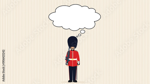 British royal guard in a red tunic and black bearskin hat stands at attention with a large empty thought bubble on the side.
