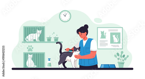 Veterinarian caring for a black and white cat in clinic.