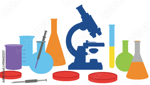 A colorful illustration of various science laboratory equipment and tools.