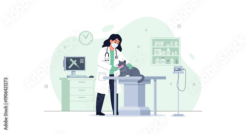 Veterinarian examining a cat on an examination table in a clinic.