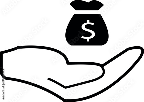 Minimalist vector icon of a hand holding a money bag with dollar sign.