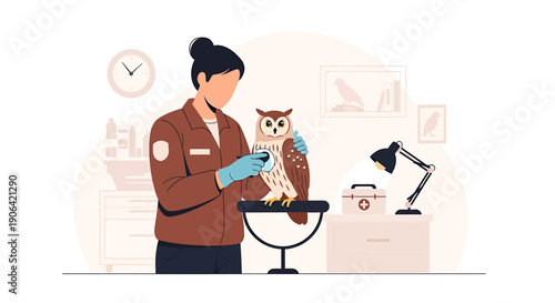 Veterinarian examining an owl in a clinic setting.