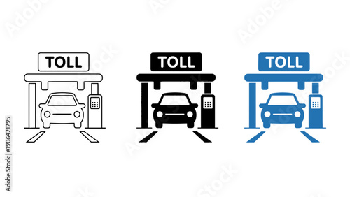 Three different colored toll booths with cars and signs on a white background