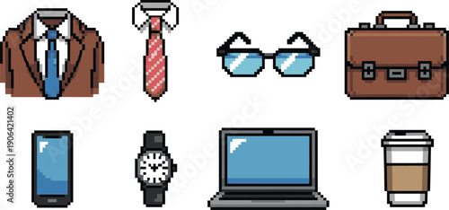 Pixel art business accessories icon set suit tie glasses briefcase smartphone watch laptop and coffee cup professional office lifestyle objects isolated on white background