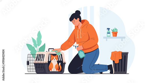 Woman Cleaning Pet Carrier with Cat Inside.