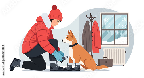 Woman dressing dog for winter walk indoors.