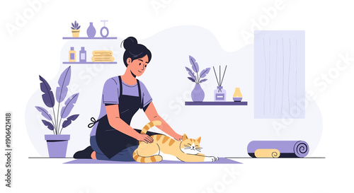 Woman grooming a cat in a room with plants.