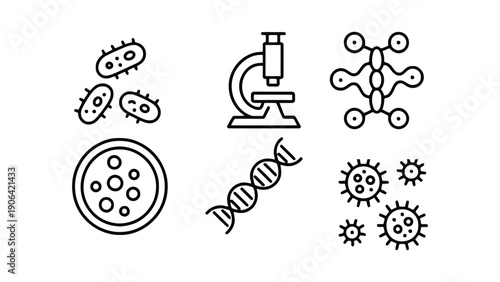 A collection of black and white line drawings of microbiology symbols and icons