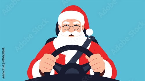 Santa claus wears glasses and a seatbelt while driving his vehicle to deliver presents across the world during the snowy christmas holiday season.
